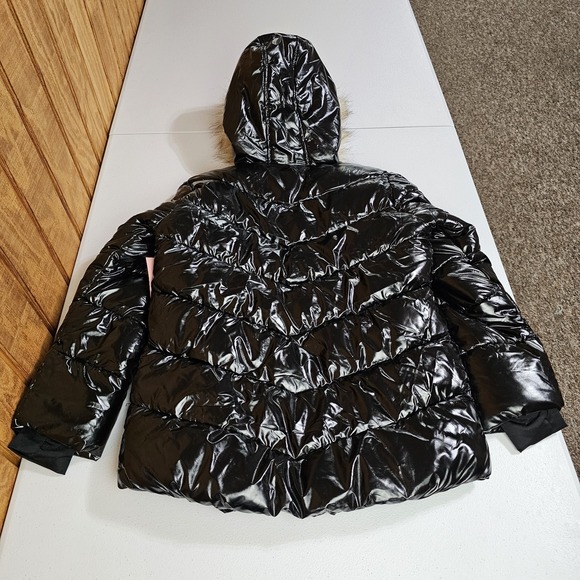 NWT Juicy Couture Kids Puffer Jacket Girls M 10/12 Shiny Black Faux Fur Hooded - Picture 6 of 8